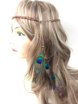 Pīta Matu Lente Brūna ar Pāva Spalvām | Ibiza Boho Stils (1 gab.)