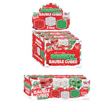 SQUEEZY GLITTER BAUBLE KUBI - AR VIZUĻIEM - 3 KUBIŅU KOMPLEKTS - SUGAR PILDĪJUMS - DISPLEJĀ (6 GAB.)