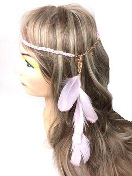 Pīta matu lente ar spalvām rozā (1 gab.)