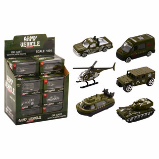 Metāla militārie transportlīdzekļi Die Cast, mērogs 1:64 displejā (24 gab.)