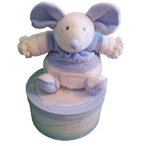Mīkstā rotaļlieta Baby Bow dāvanu kārbā - Modelis 15 (Pele, Zila/Balta)